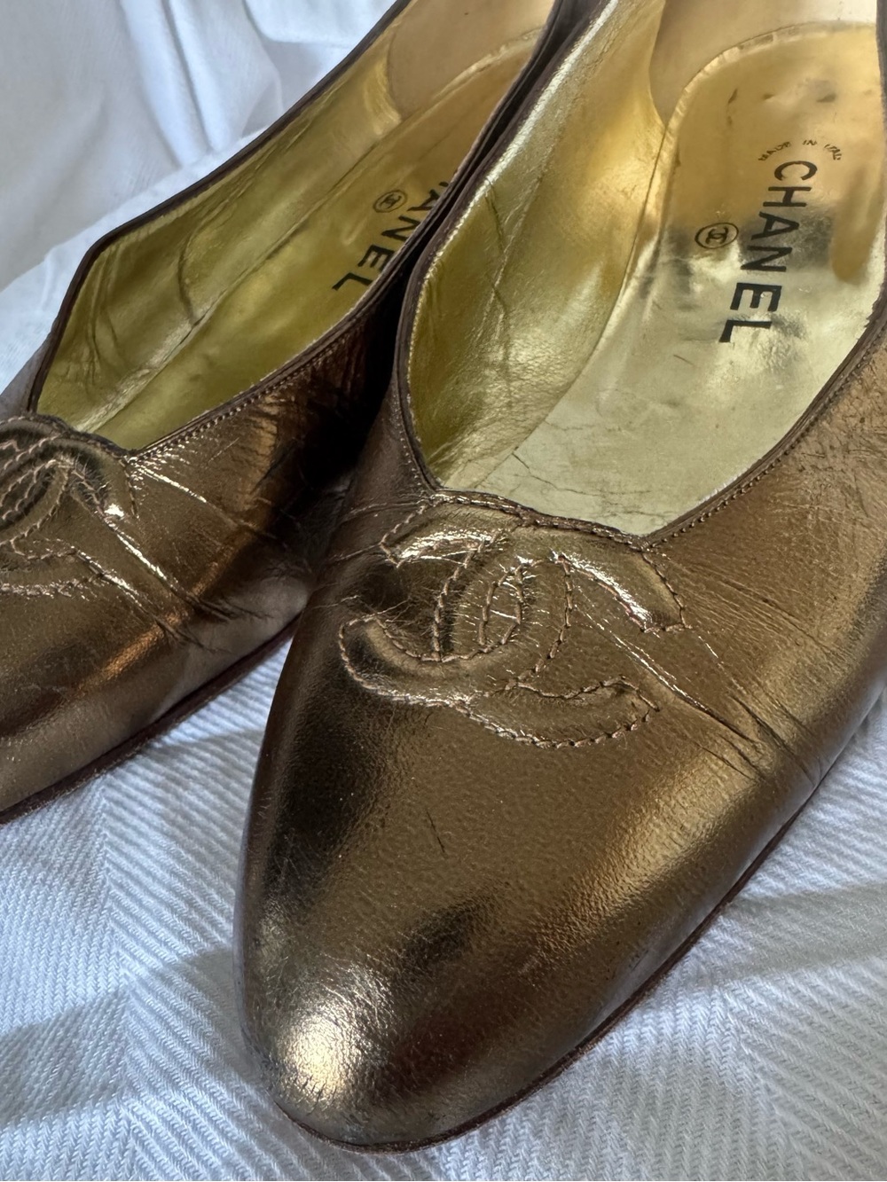CHANEL Metallic Bronze Leather Ballet Flats
